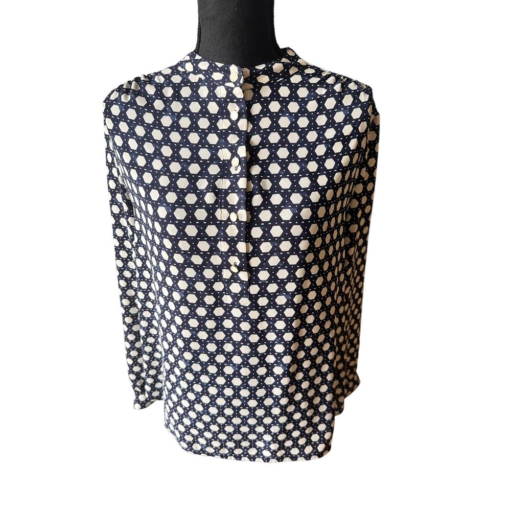 Anne Klein Geometric Blouse Chic Tunic Half Button Top Classic Style size L